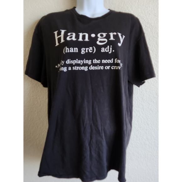 Black White HANGRY Angrily Displaying The Need For Food Graphic Print Top Large - Picture 1 of 4